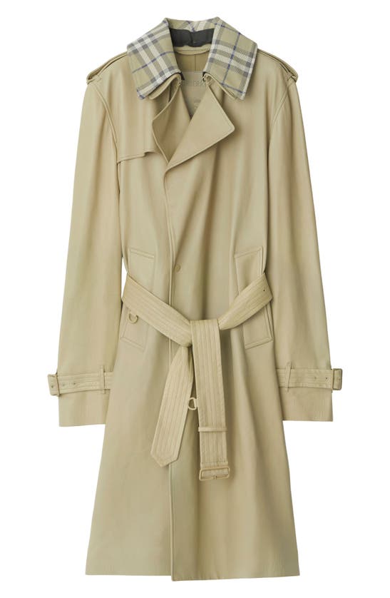 Shop Burberry Plongé Leather Trench Coat With Removable Check Collar In Hunter