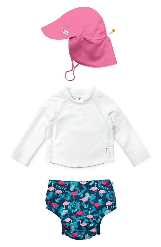 Green Sprouts Babies' Sun Hat, Long Sleeve Rashguard & Reusable Swim Diaper Set In Navy Flamingos