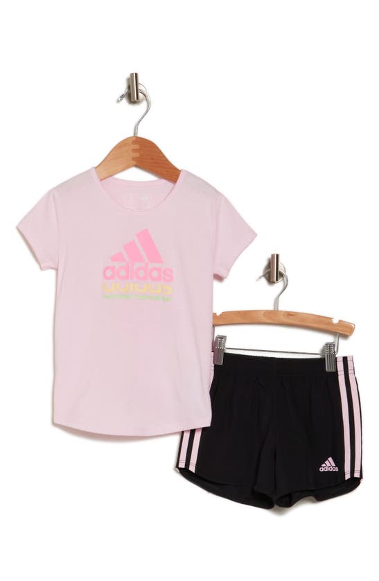 Adidas Originals Kids' Logo T-shirt & 3-stripes Shorts Set In Clear Pink