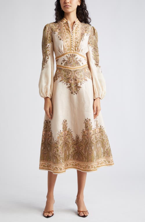 Zimmermann Natura Floral Paisley Long Sleeve Linen Midi Dress Khaki at Nordstrom,