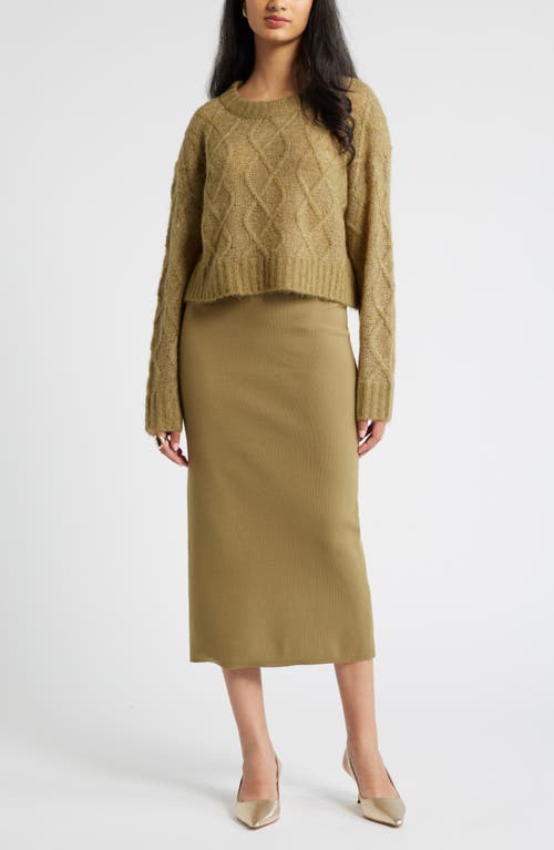 Shop Open Edit Airy Crop Cable Sweater In Olive Brine