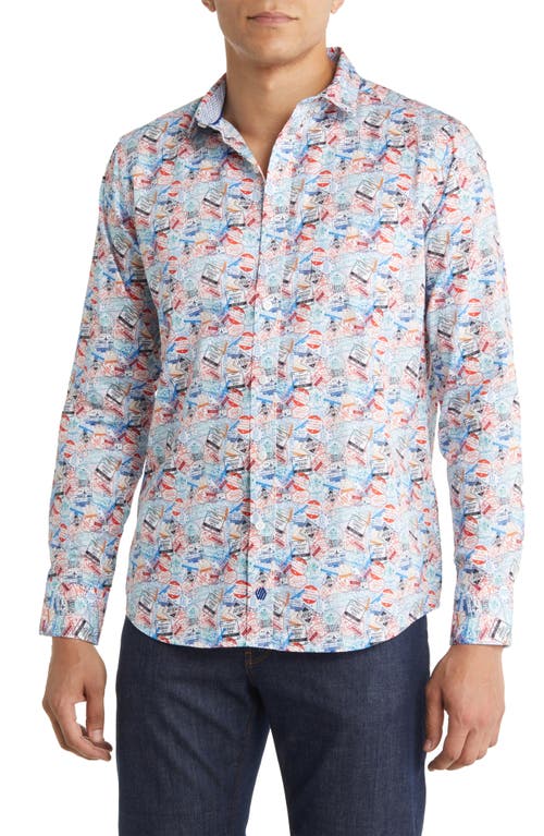 Johnston & Murphy Stamp Print Cotton Button-Up Shirt in Multi Travel Stamp