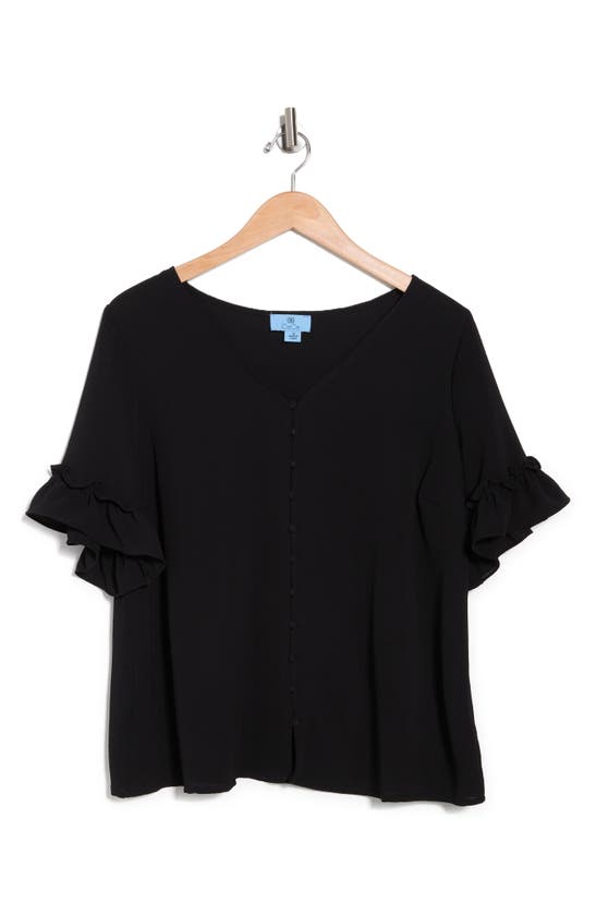 Cece Double Flutter Sleeve Button Front Blouse In Black