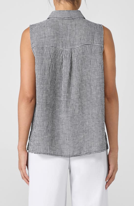 Shop Eileen Fisher Classic Gingham Sleeveless Organic Linen Button-up Shirt In Black/ White