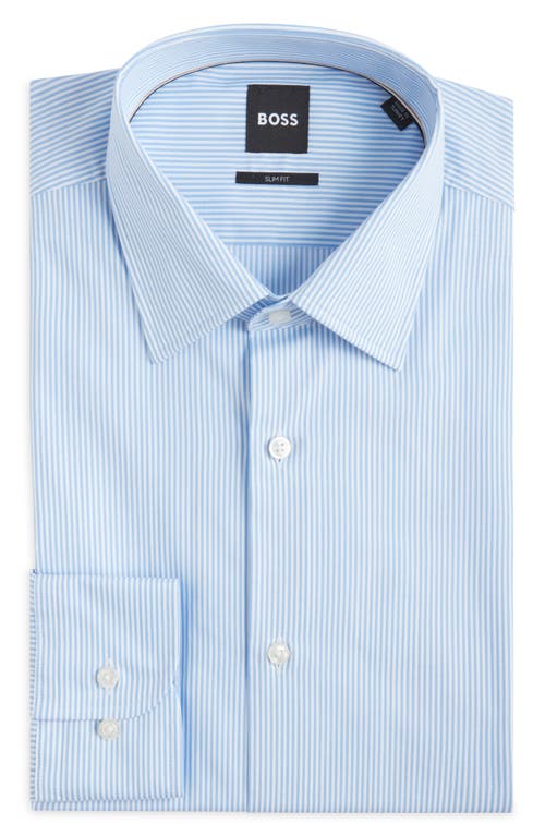 BOSS Hank Slim Fit Stripe Cotton Blend Dress Shirt Light Blue at Nordstrom,