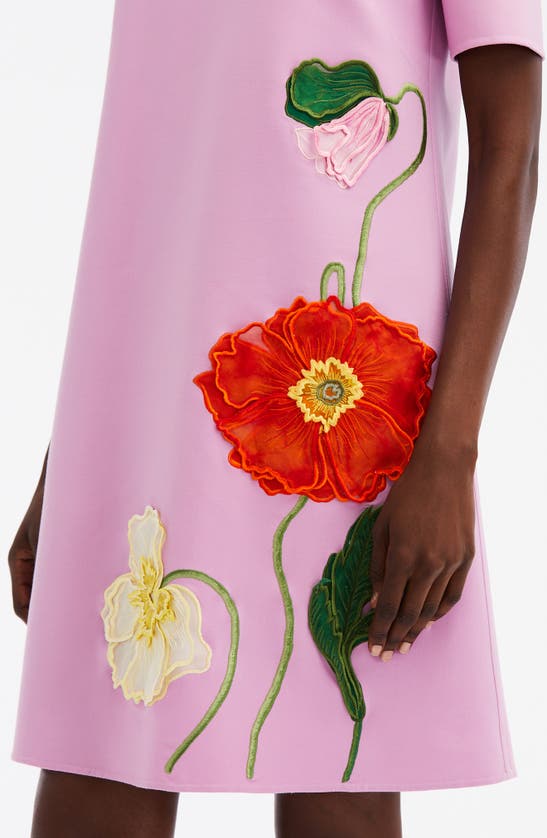 Shop Oscar De La Renta Embroidered Poppy Virgin Wool Blend Shift Dress In Lupine