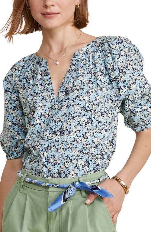 Puff Sleeve Cotton Button-Up Top in Sb Floral - Navy