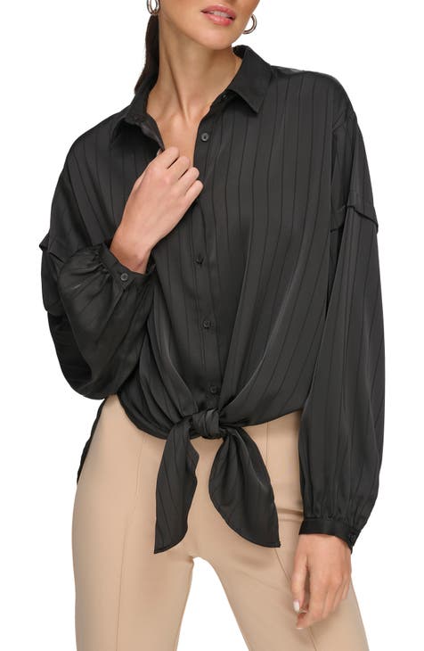 Stripe Jacquard Tie Hem Button-Up Shirt