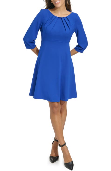 Unique Bargains Women's Plus Denim V Neck Pleat A Line Short Sleeve Dresses  2X Blue 