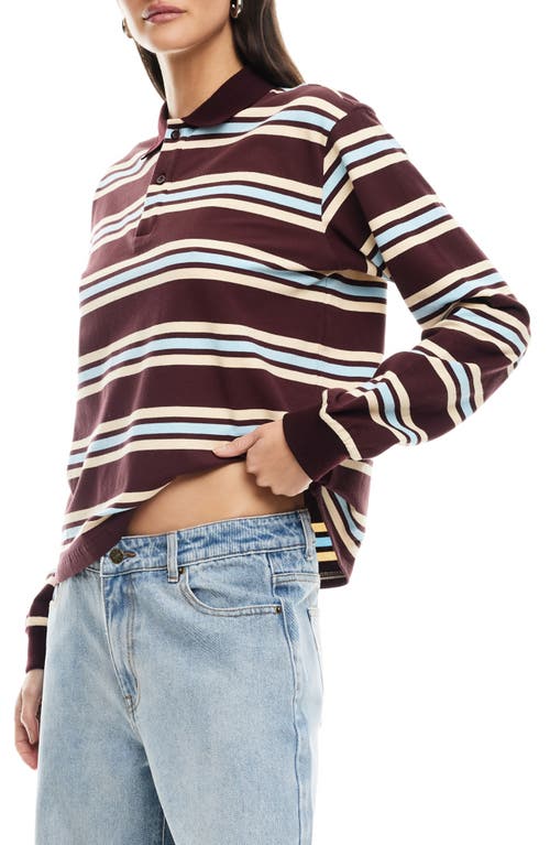 Shop Lioness Leisure Stripe Long Sleeve Cotton Polo Shirt In Chocolate Multi
