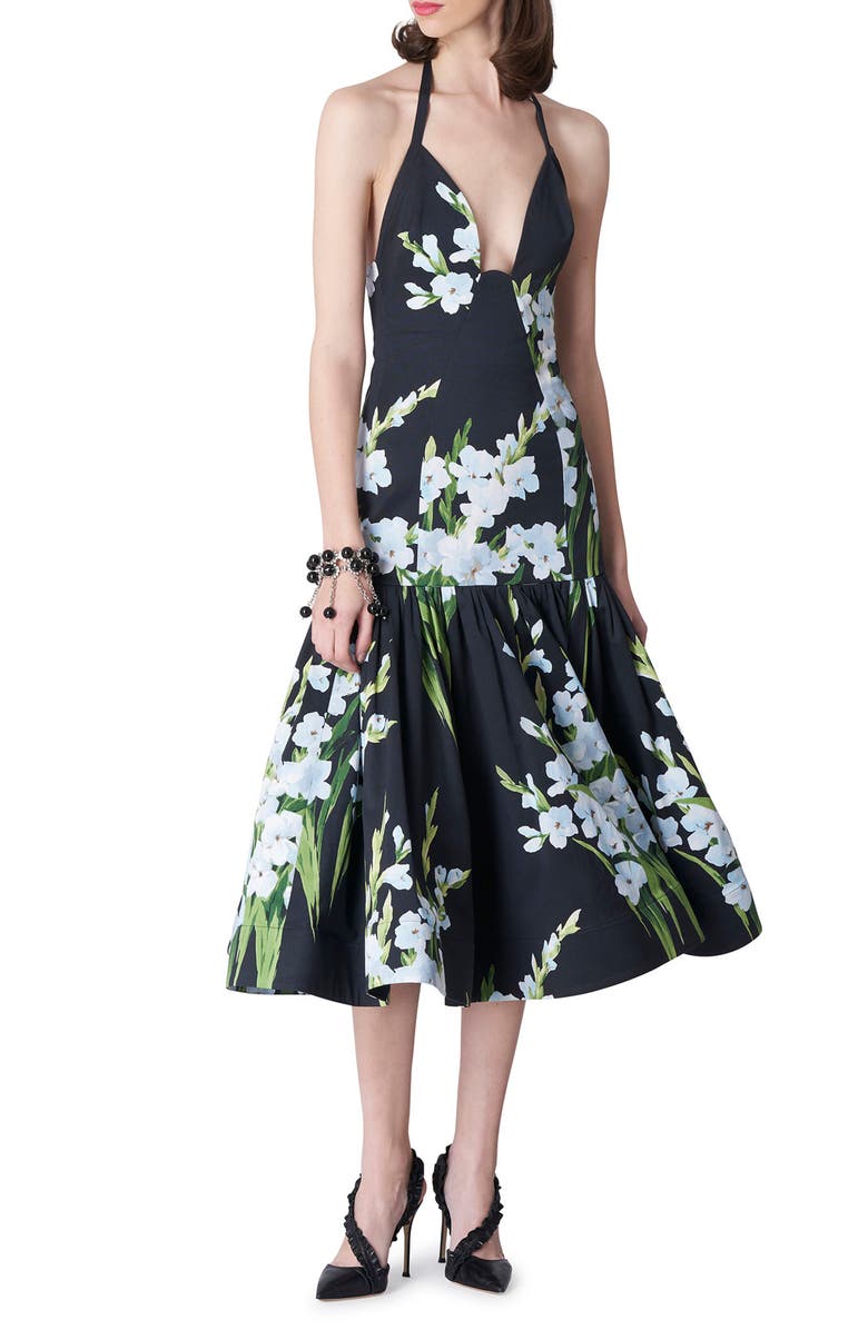 Carolina Herrera Tiered Floral Print Halter Midi Dress, Main, color, 