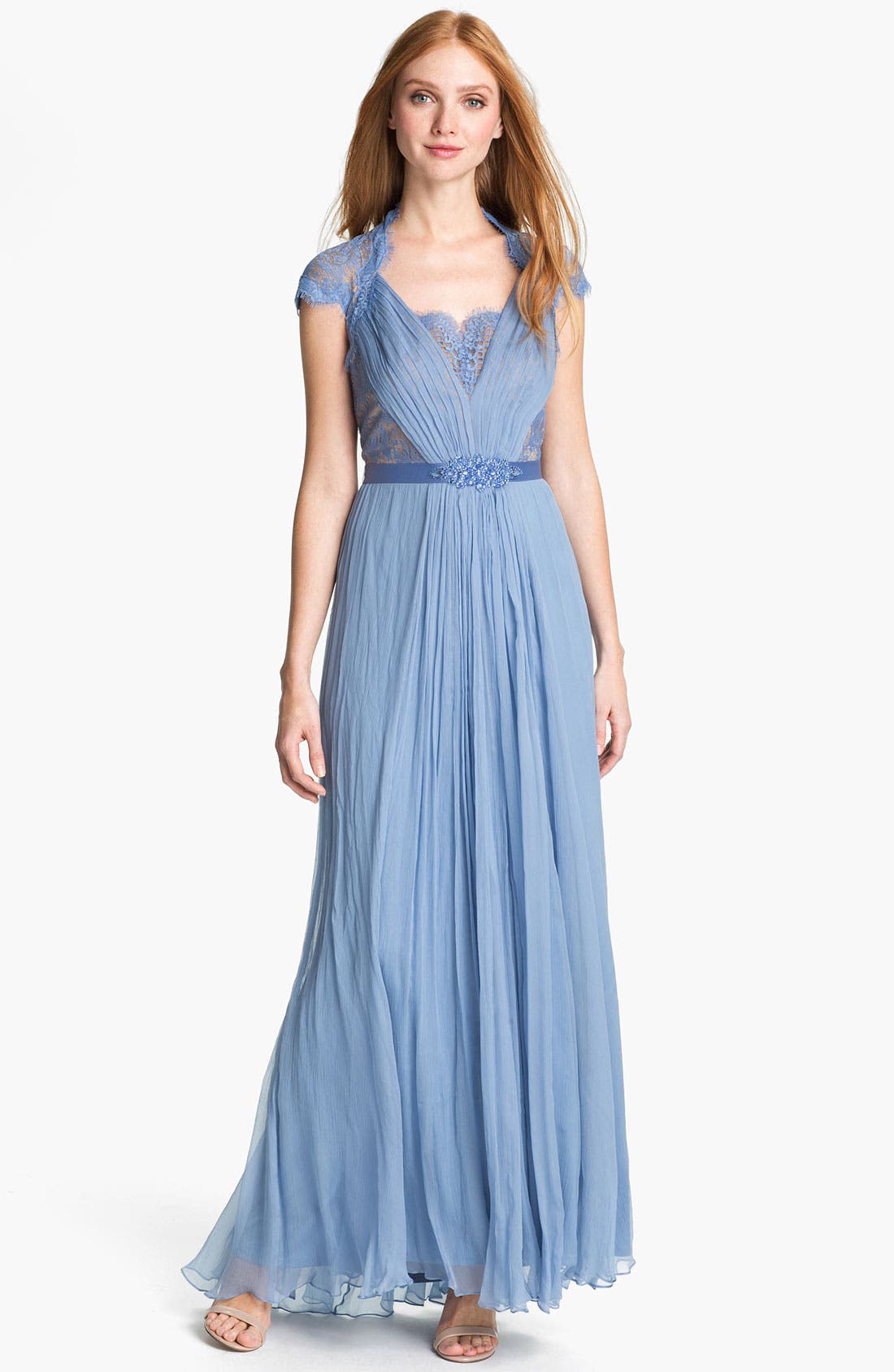 aqua embellished chiffon gown