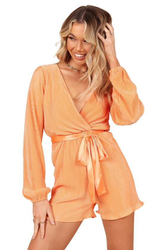Petal And Pup Petal & Pup Minelli Pleated Tie Waist Long Sleeve Romper In Orange