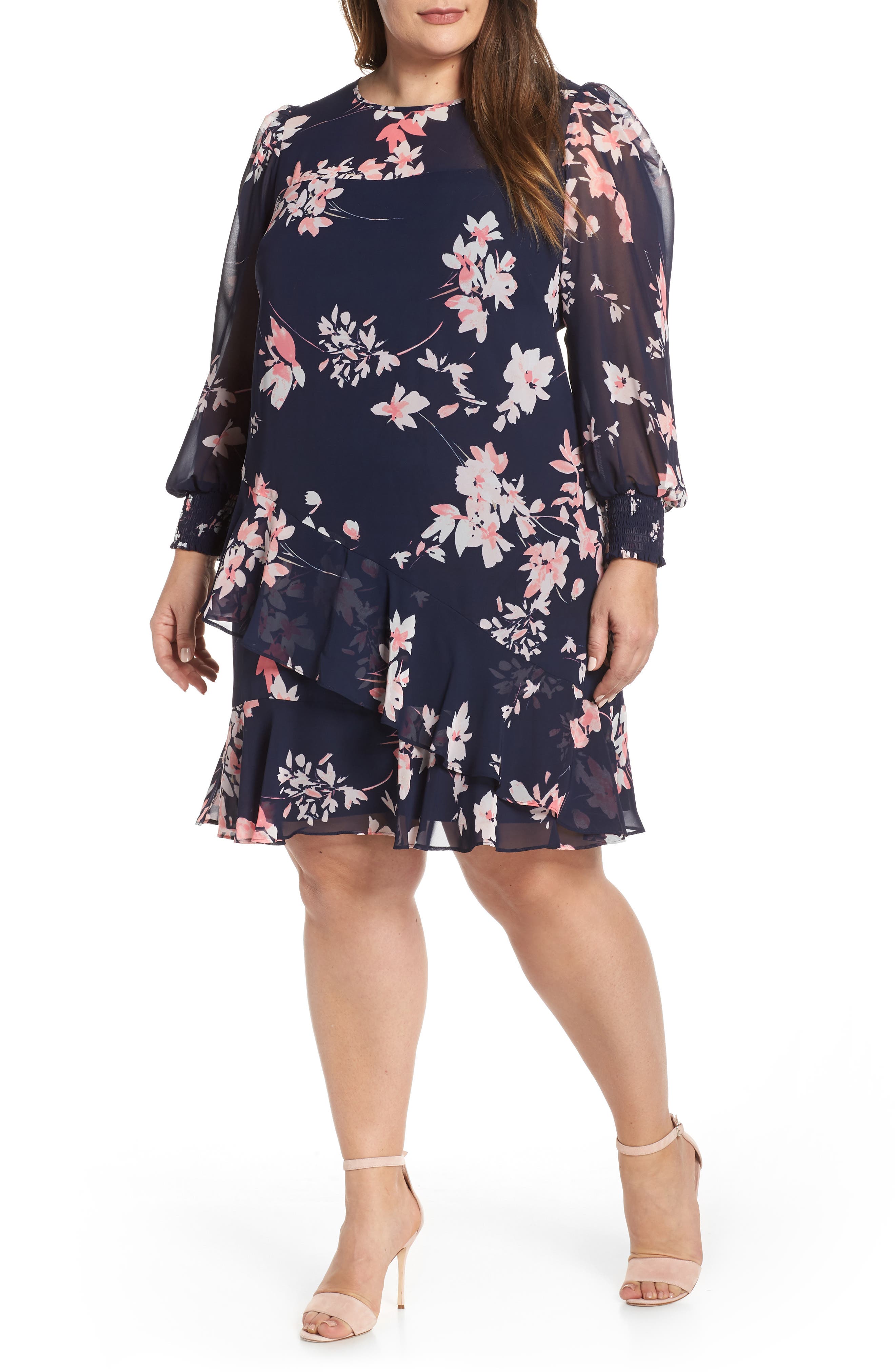 Plus Size Eliza J Floral Chiffon Shift Dress, Blue
