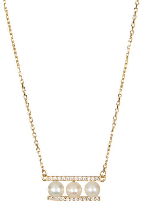 Yellow Gold Plated Sterling Silver 7mm Freshwater Pearl Swarovski Crystal Accented Bar Necklace