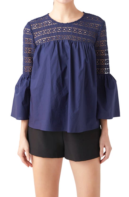 Shop Endless Rose Bell Sleeve Lace Poplin Blouse In Navy