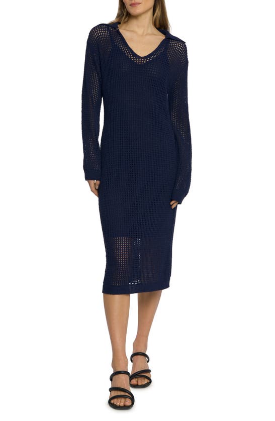Shop Luxely Rowan Open Stitch Long Sleeve Sweater Dress In Evening Blue