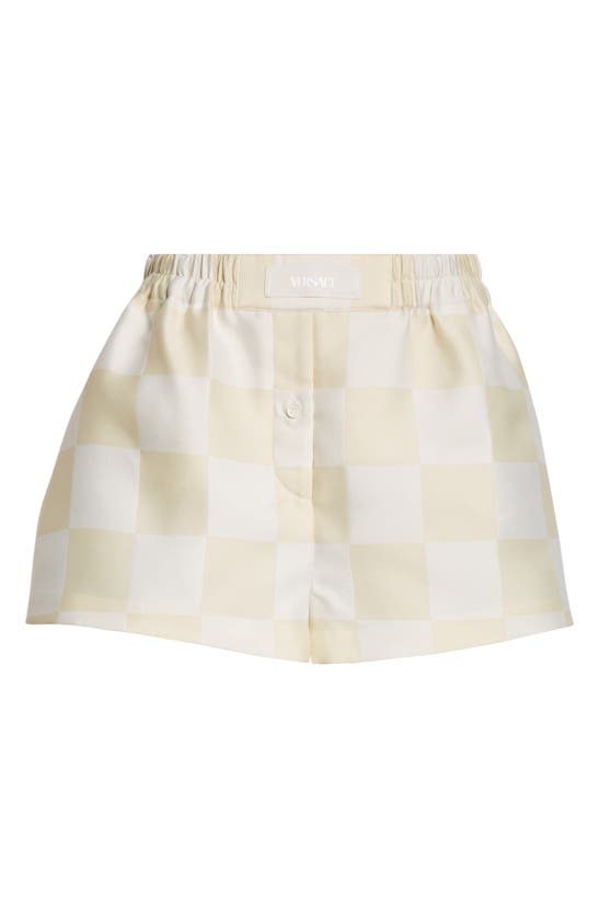 Versace Checked Satin Shorts In Light Sand White