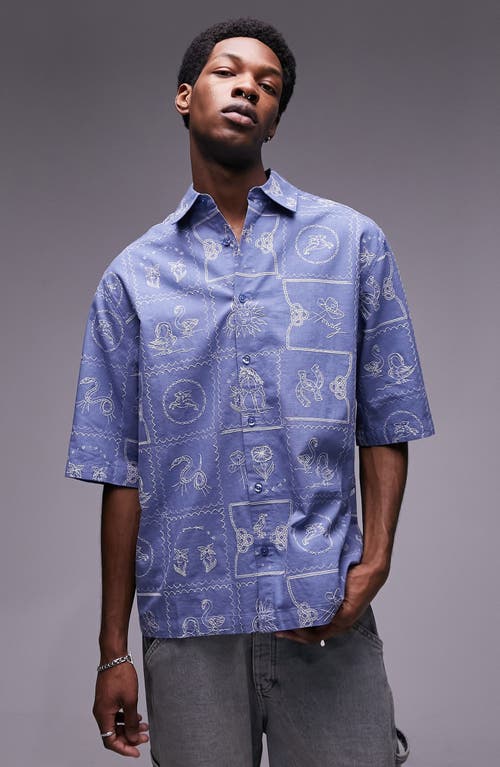 Cowboy Embroidered Short Sleeve Button-Up Shirt in Medium Blue