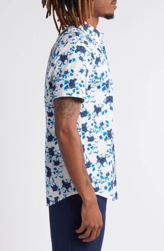 Shop Open Edit Floral Short Sleeve Stretch Cotton Button-up Shirt In Blue Xenon Fleur