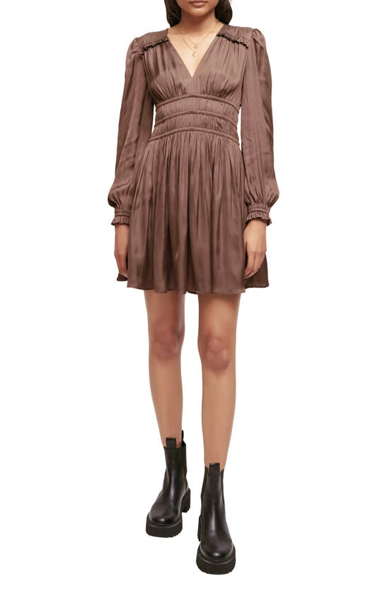 Maje Rianna Smock Waist Long Sleeve Satin Dress In Brown