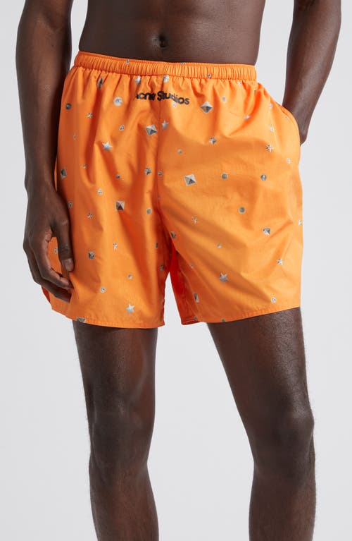 Walter Stud Print Swim Trunks in Bright Orange