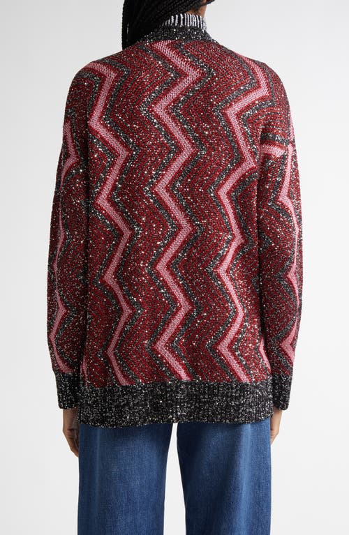 Shop Missoni Sequin Metallic Zigzag Stripe Cardigan In Red - Rose - Black