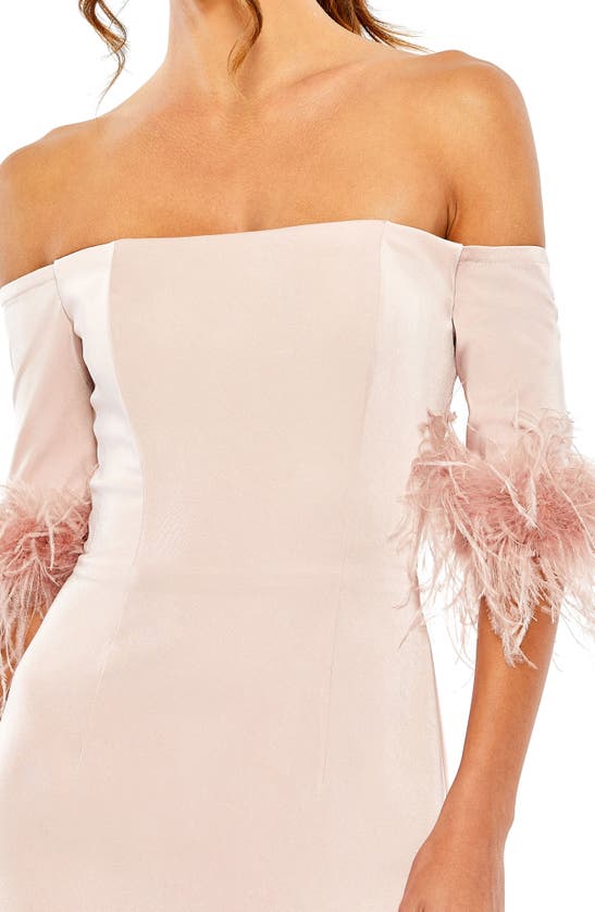 Shop Mac Duggal Feather Trim Off The Shoulder Gown In Blush