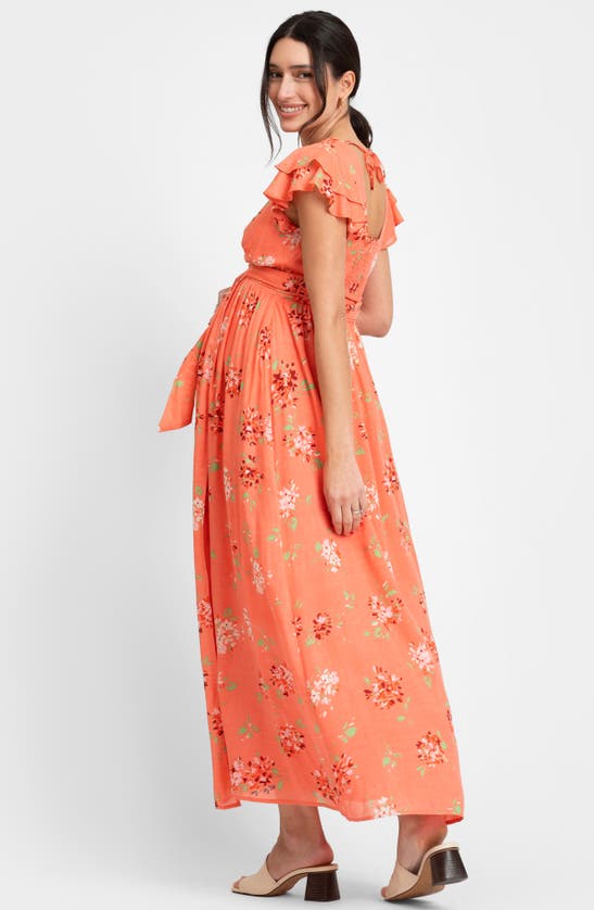 Seraphine Flutter Sleeve Faux Wrap Maternity Dress In Coral Print