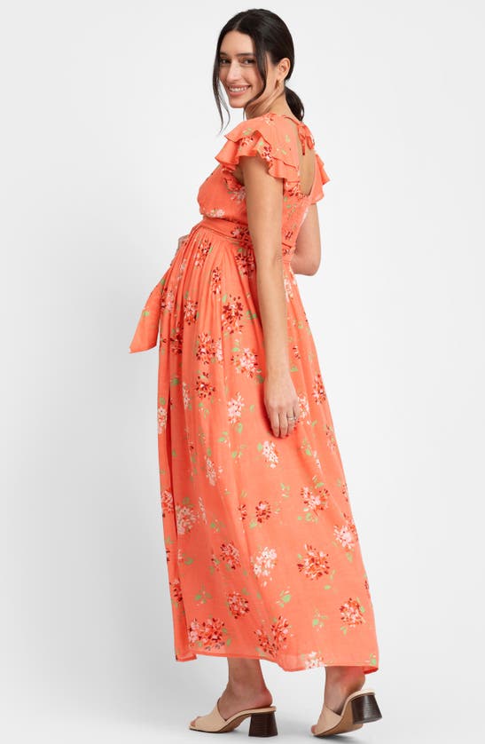 Shop Seraphine Flutter Sleeve Faux Wrap Maternity Dress In Coral Print