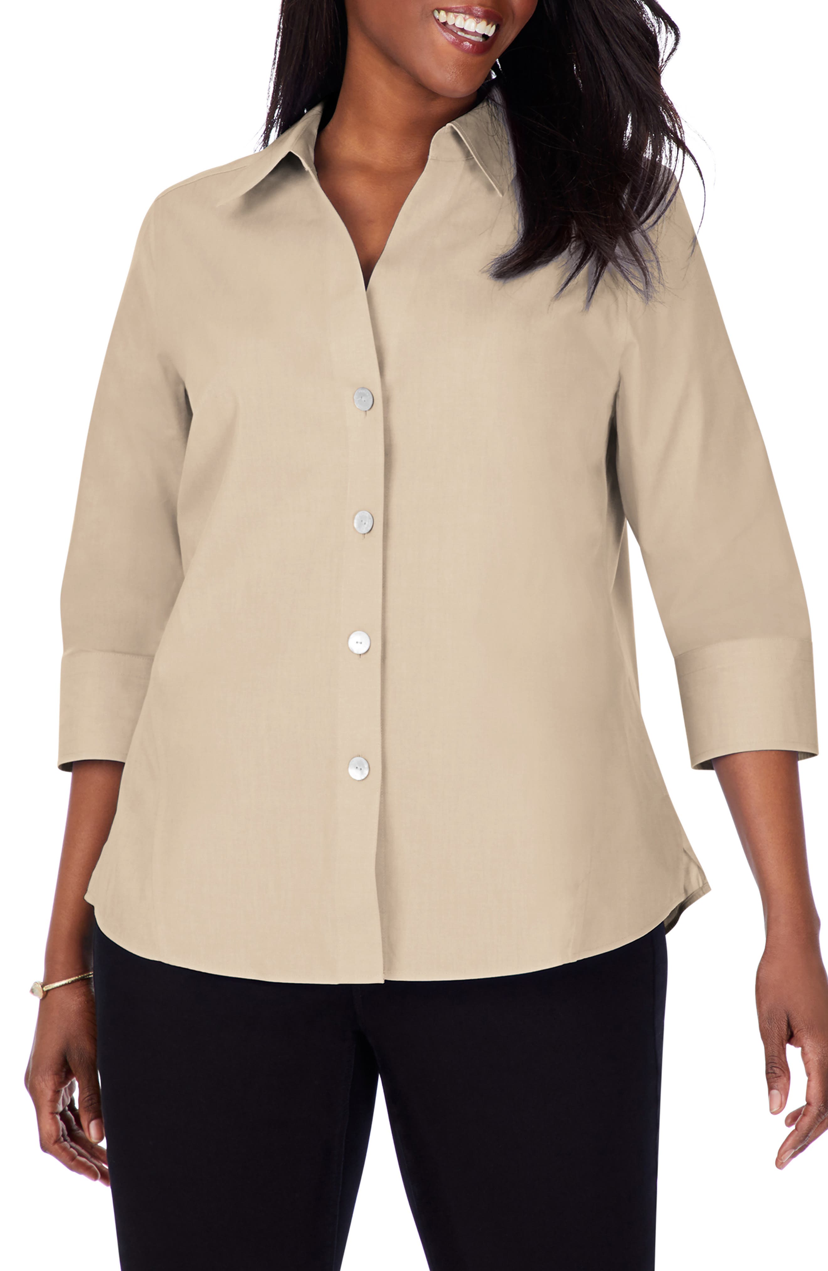 UPC 016000000032 product image for Plus Size Women's Foxcroft Paityn Non-Iron Cotton Shirt, Size 16W - Beige | upcitemdb.com