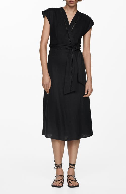 Mango Nanda Tie Waist Linen Dress In Black