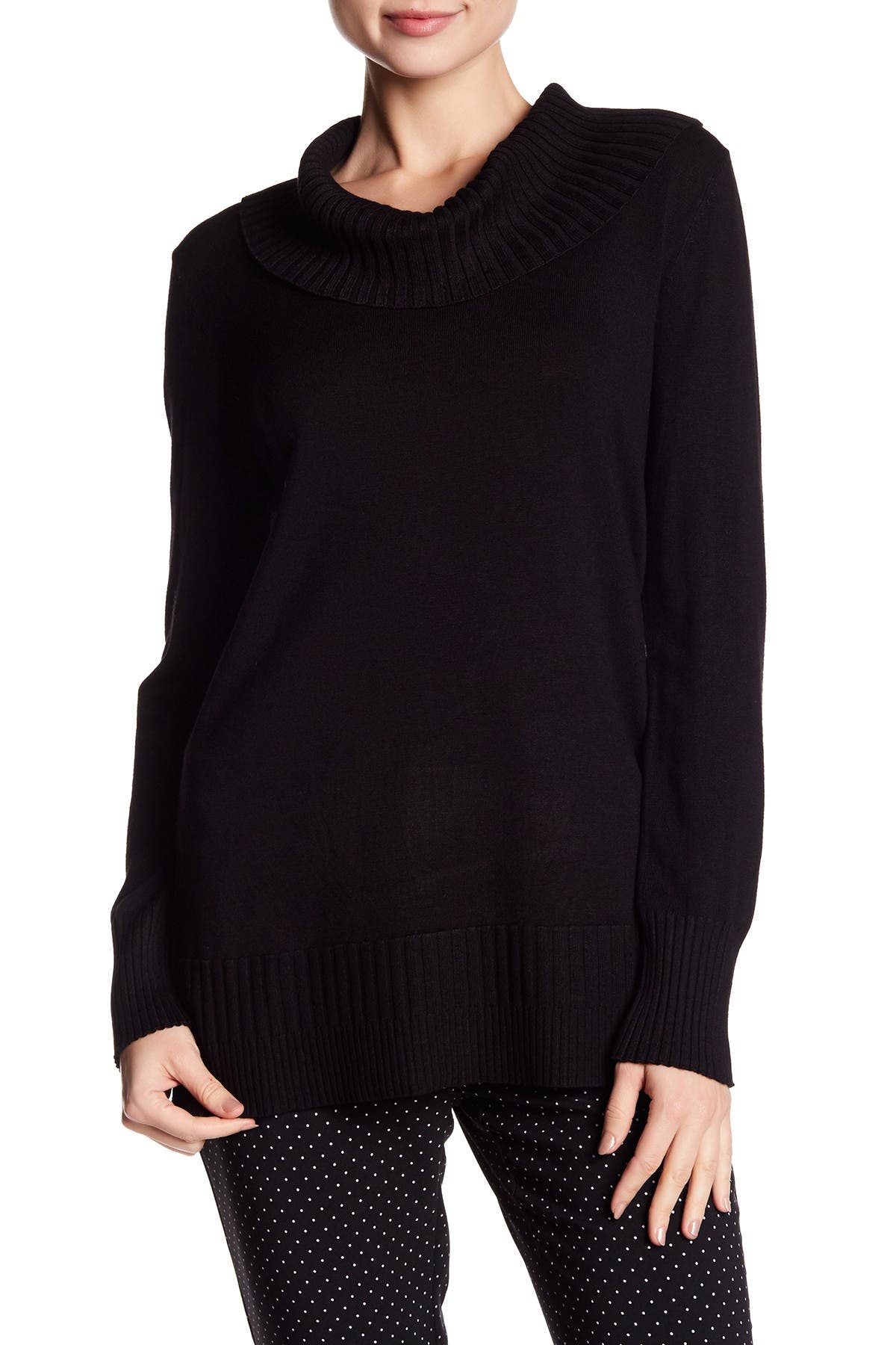 cable and gauge cowl neck sweater
