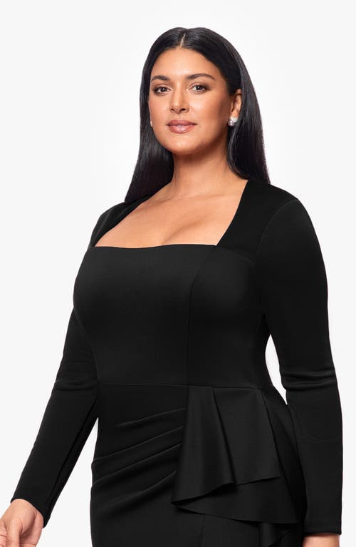 Xscape Evenings Side Ruffle Long Sleeve Scuba Gown In Black