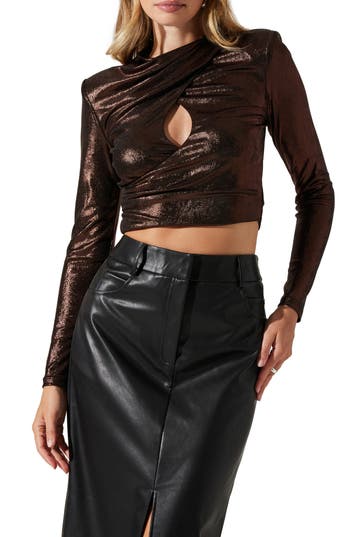 Astr The Label Metallic Keyhole Crossover Crop Top In Brown