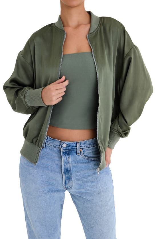 Shop Mistress Rocks Satin Bomber Jacket In Bay Leaf