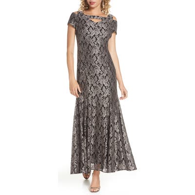 Morgan & Co. Lace Cold Shoulder Trumpet Gown, Grey