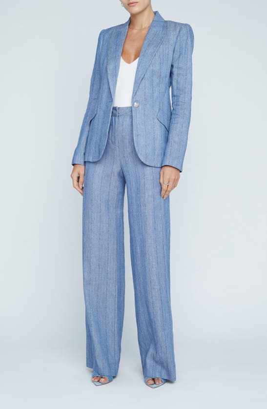 Shop L Agence Chamberlain Stripe Cotton Blend Blazer In Slate Blue Pinstripe