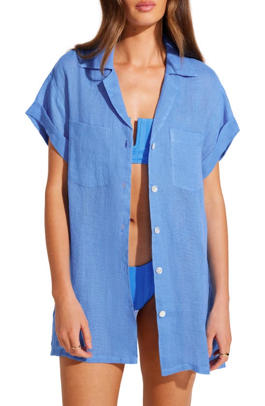 Shop Vitamin A Playa Pocket Linen Cover-up Button-up Shirt In Dream Blue Eco Linen