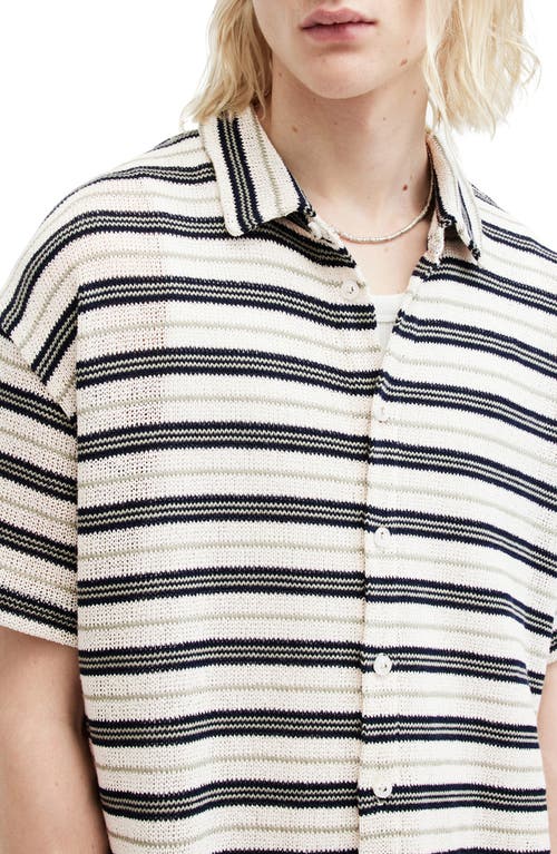 Shop Allsaints Jackson Oversize Stripe Short Sleeve Knit Button-up Shirt In Chalk White