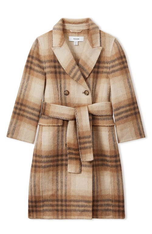 Reiss Kids' Maeve Plaid Belted Wool Blend Coat In Brown