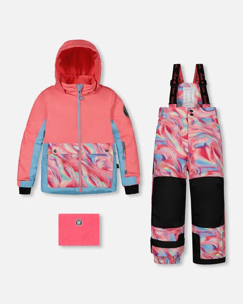 DEUX PAR DEUX DEUX PAR DEUX GIRL'S TWO PIECE SNOWSUIT COLORBLOCK CORAL AND AIR BLUE WITH PRINTED MARBLE 