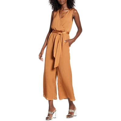 All In Favor Surplice Neck Hammered Satin Jumpsuit, Beige