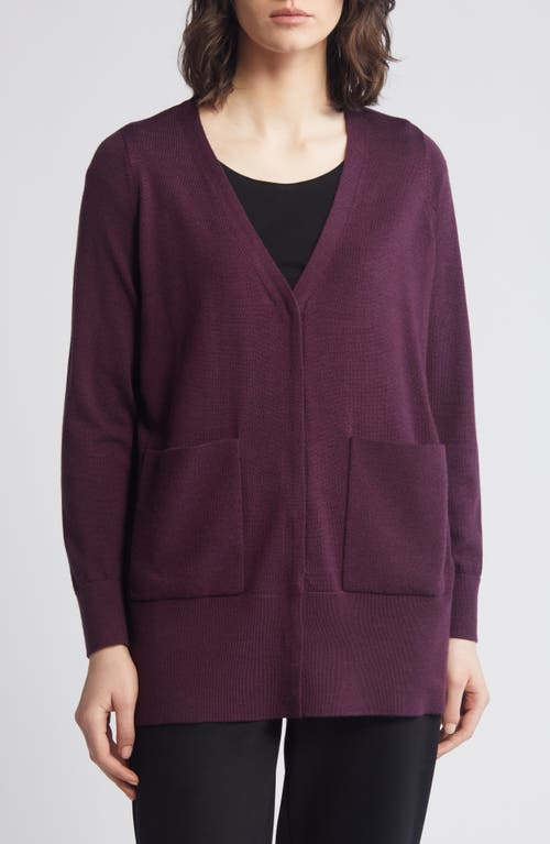 Shop Eileen Fisher V-neck Snap Front Wool Cardigan In Blackberry