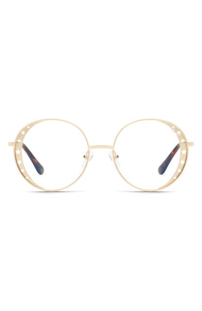Click to view more detailed imagery on our partner's website Quay X Lizzo Seeing Stars 54mm Round Sunglasses In Gold/ Clear Blue Light