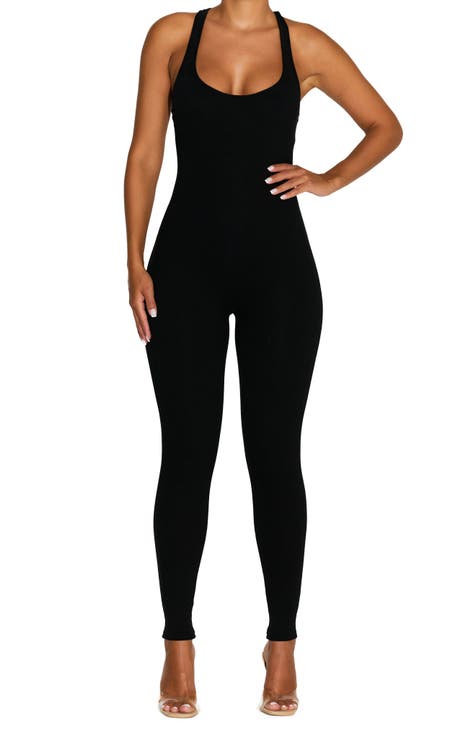 NAKED WARDROBE BLACK THICK STRETCH BODYSHAPING JUMPSUIT ROMPER  CATSUIT-M,12-UK