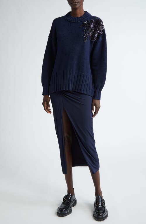 Shop Jason Wu Collection Sequin & Bead Detail Merino Wool Crewneck Sweater In Navy