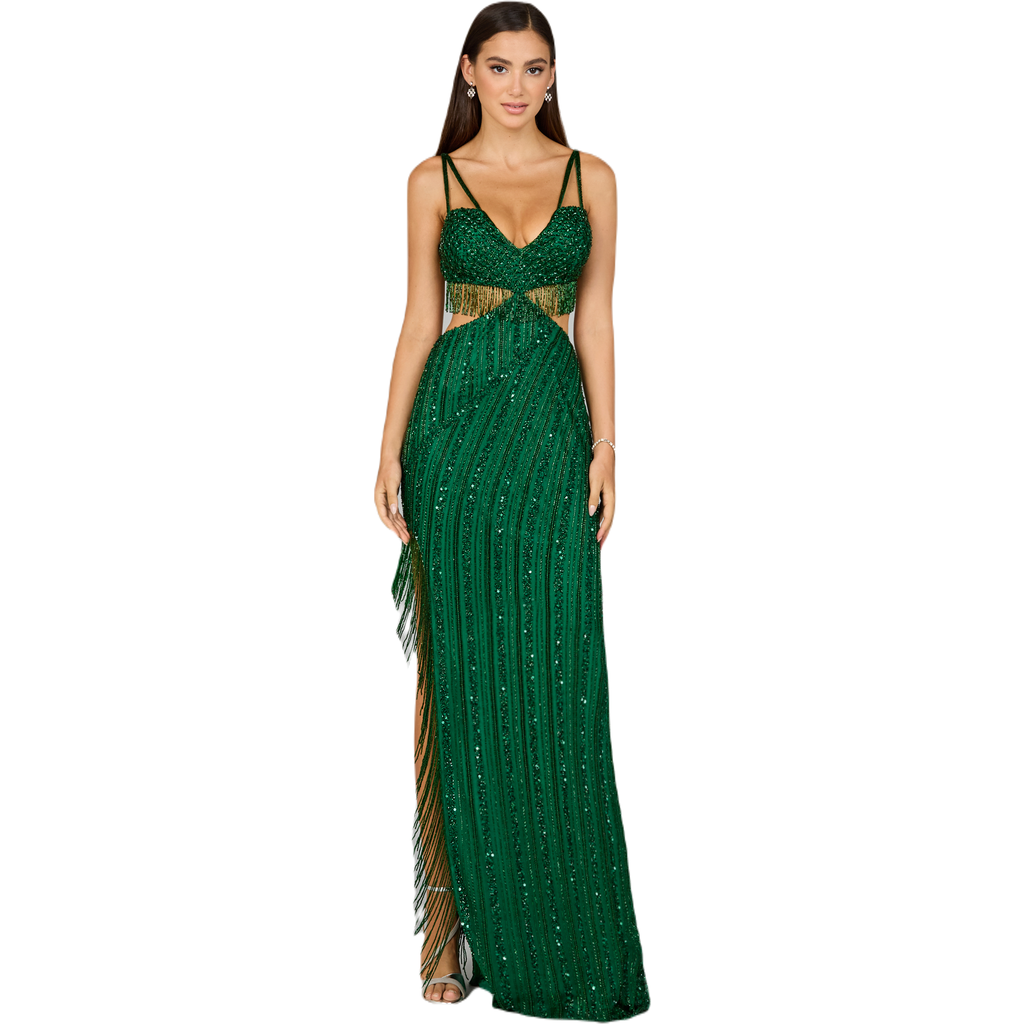 Lara New York Cutout Beaded Gown With Fringes In Emerald