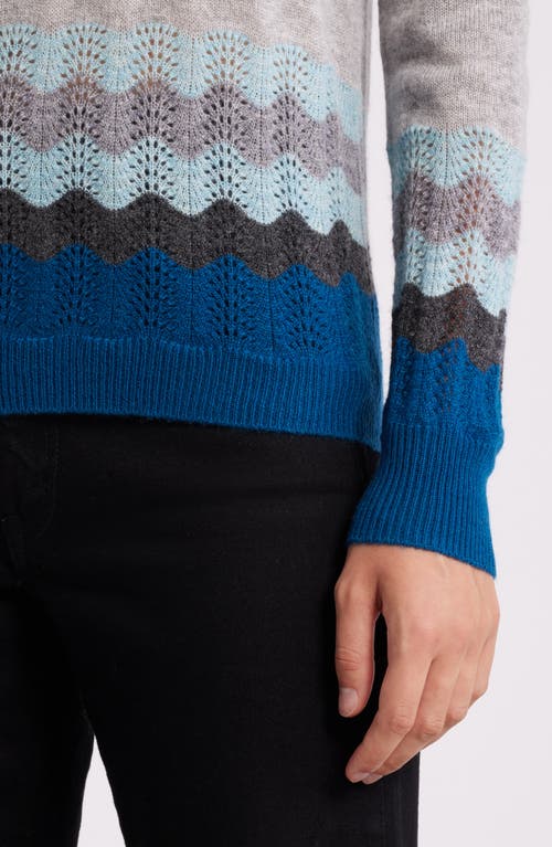 Shop Griffen Pointelle Border Wool & Cashmere Crewneck Sweater In Light Grey Teal Combo