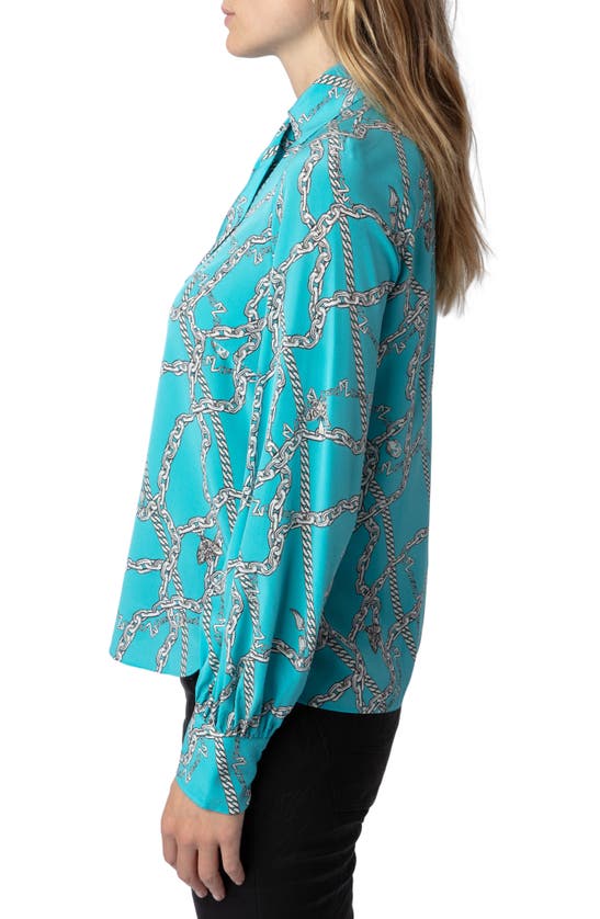 Shop Zadig & Voltaire Tuile Chain Print Balloon Sleeve Silk Top In Aqua